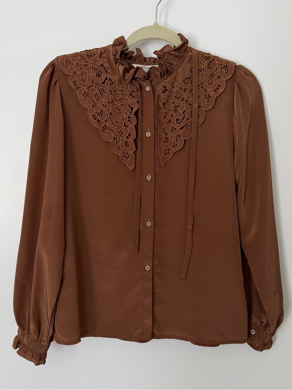 Vintage Brown Silky Eyelet Lace Yoke Ruffle Blouse Romantic Cottagecore